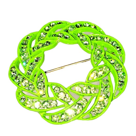 Christmas Wreath Pin Vtg Lime Green Enamel Front/Back Light Lime Green Crystals! - Picture 3 of 7